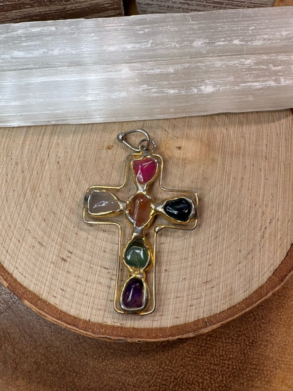 Multicolor Gemstone Cross Pendant - Gold Tone